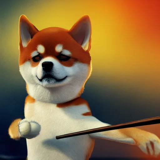 Image similar to shiba inu holding a baseball bat with his two hand trying to hit a spot, cinematic lightning, 4 k, ultra detailed, trending on artstation, masterpiece, digital art.