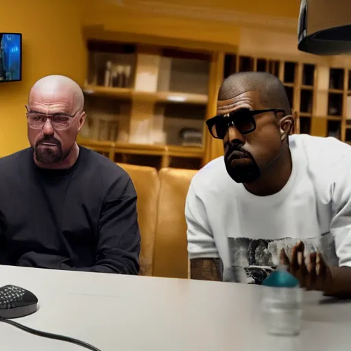 Image similar to kanye west and walter white gaming, playing fortnite on the tv