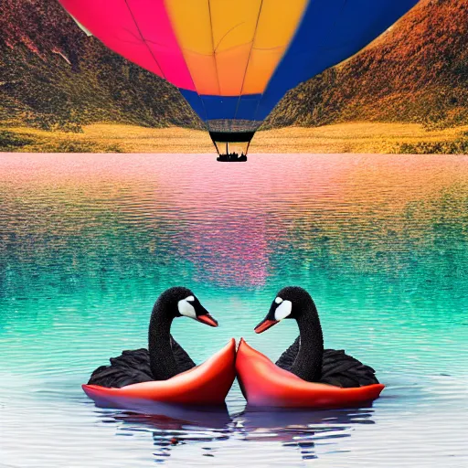 Image similar to photo of two black swans swimming in a beautiful reflective mountain lake, touching heads, forming a heart with their necks, a colorful hot air balloon is flying above the swans, hot air balloon, intricate, portrait, 8k highly professionally detailed, HDR, CGsociety, octane render, 4k