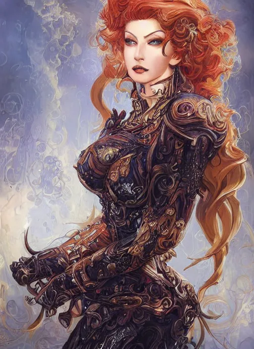 Image similar to front portrait sensual Lady Mechanika with ginger wavy hair, Intricate, Victorian era imagery themed, D&D!, fantasy style, sharp focus!, ultra detailed, art by Artgerm and Peter Andrew Jones, WLUP