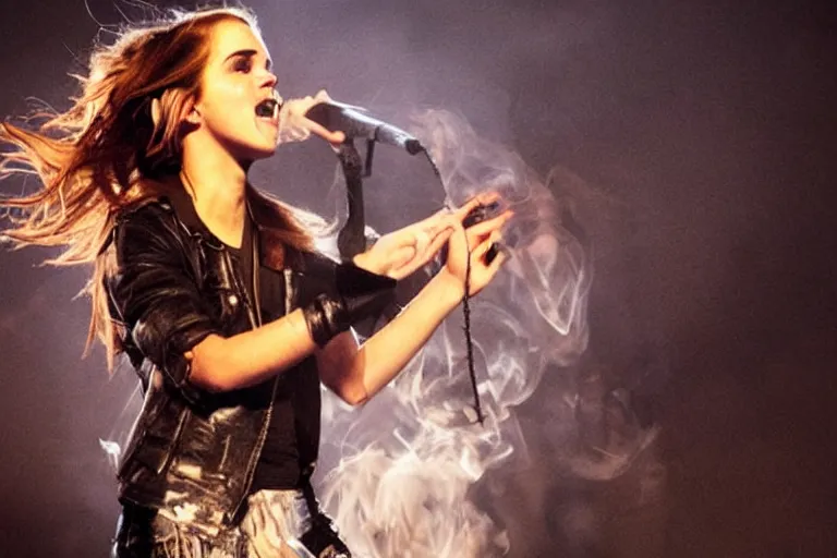 Image similar to emma watson as a heavy metal singer, stage lights, smoke, flames
