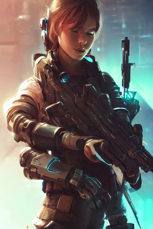 Image similar to beautiful portrait of a cyborg mercenary girl holding a rifle, art by wlop and artgerm, cyberpunk, neon, elegant, highly detailed, trending on artstation, sharp focus, caustics, octane render, radiant light, 4 k