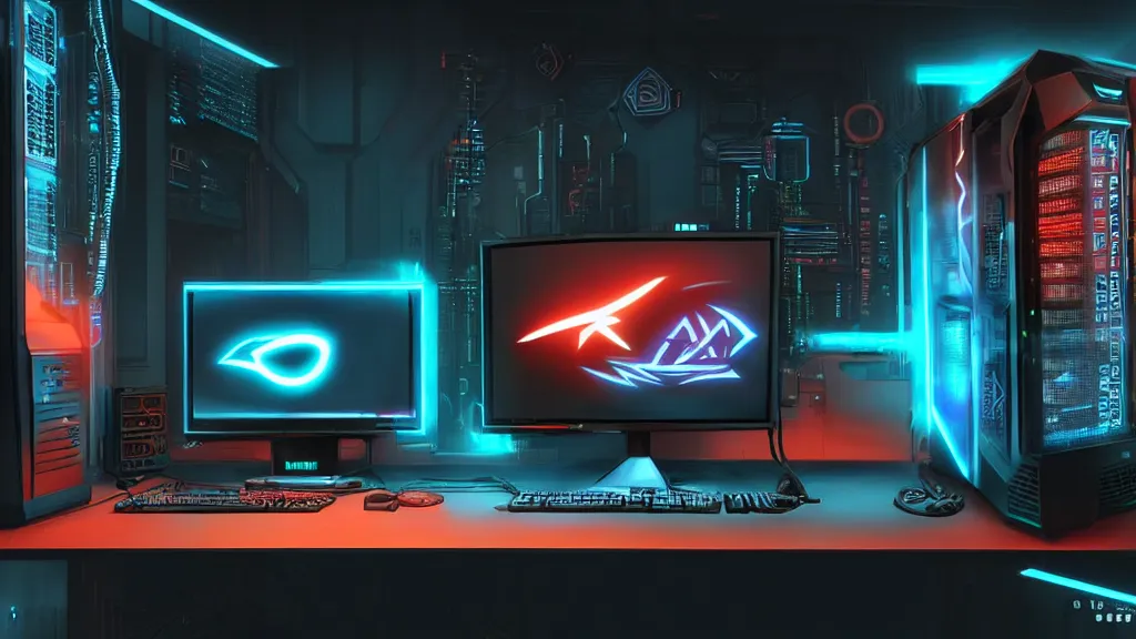 Image similar to a cyberpunk overpowered computer. Overclocking, watercooling, custom computer, cyber, mat black metal, alienware, Cyborg R.A.T 7, futuristic design, desktop computer, desk, home office, whole room, minimalist, Beautiful dramatic dark moody tones and lighting, orange neon, Ultra realistic details, cinematic atmosphere, studio lighting, shadows, dark background, dimmed lights, industrial architecture, Octane render, realistic 3D, photorealistic rendering, 8K, 4K, computer setup, highly detailed