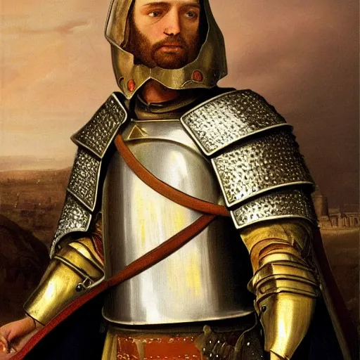 Image similar to man in 15 century decorated crusader armor and cape with crusader insignia oil painting realistic high detail