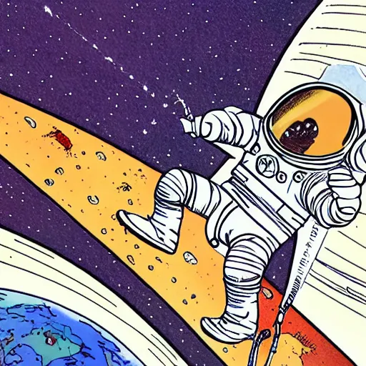 Prompt: bill watterson illustration of an astronaut drifting in space staring at the earth