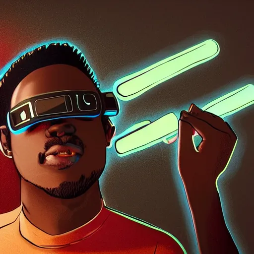 Prompt: dark skinned man wearing futuristic vr headset neon lights ambient light unity game ultra - realistic in the style of enkai bilal