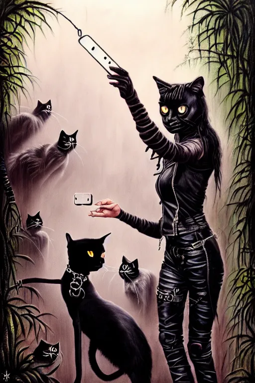 Image similar to punk rock girls kissing and making selfie with black cats in jungle , 1980 style, mad max jacket, post apocalyptic, Cyberpunk, renaissance, Gothic, mystic, highly detailed, 4k, fog, oil painting on canvas, Kubrick movie, hyper realistic style, fantasy by Olga Fedorova