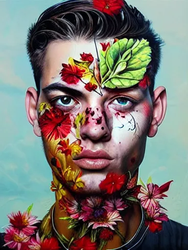 Prompt: portrait of a man, with a floral background painted by artgerm, karol bak, artur bordalo, sandra chevrier : : portrait, character, illustration, hyperrealism