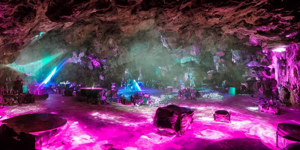 Image similar to goth disco in a cave with pink lasers and blue crystals forming a sphere of knives