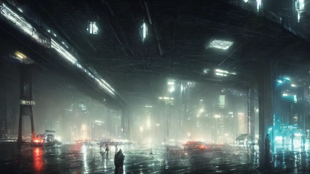 Prompt: under a city highway bridge of a cyberpunk city, rain, night, mist, flying shuttles, advertising pannels, blade runner, rays of light, james gurney, greg rutkowski, unreal engine, artstation