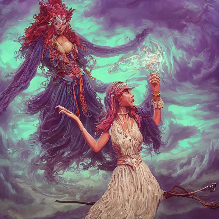 Prompt: sea witch casting a spell, d & d style, trending on artstation, intricate, highly detailed, vivid painting, colorful, art by alexandr leskinen