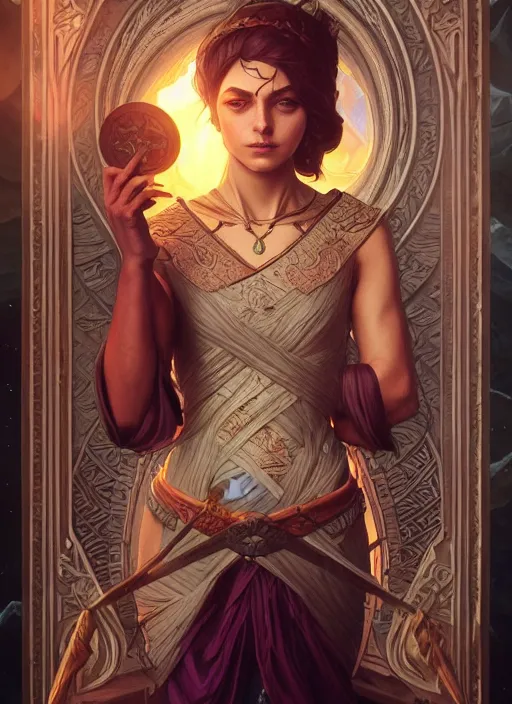 Image similar to photography of tarot card justice, deep focus, d & d, fantasy, intricate, elegant, highly detailed, digital painting, artstation, concept art, matte, sharp focus, illustration, hearthstone, art by artgerm and greg rutkowski and alphonse mucha