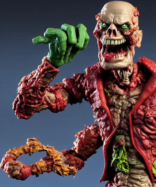 Image similar to hyperrealistic rendering, president zombie is motu action figure, product photography