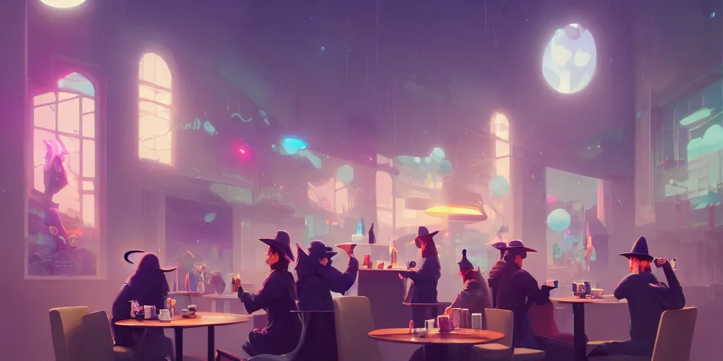 Prompt: in the center foreground a wizard with a pointy hat sips his coffee by Ross Tran, people stare in the busy coffee shop, matte paiting by beeple and RHADS, ultra realistic, award winning, artstation, unreal render,