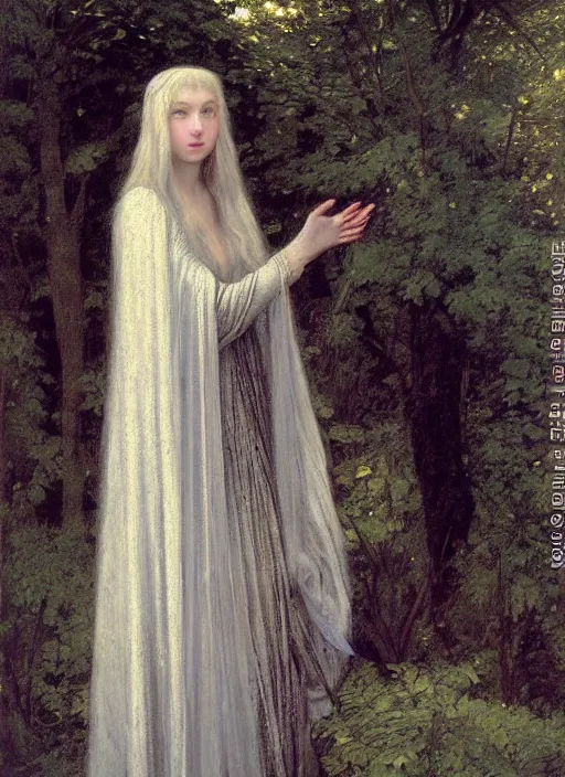 Image similar to a portrait of galadriel in lothlorien, by thomas cooper gotch and simeon solomon