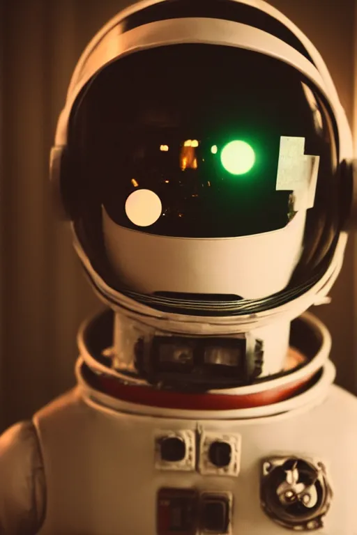 Prompt: 50 mm analog photo portrait of a robot astronaut, vaporwave lights
