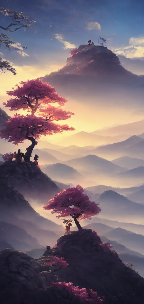 Image similar to samurai resting on a mountain top, cool dawn sky, sakura tree by sylvain sarrailh, rossdraws, ambient light, ultra detailed, fantasy artwork, 8 k, volumetric lighting, trending on artstation, award winning, very beautiful.