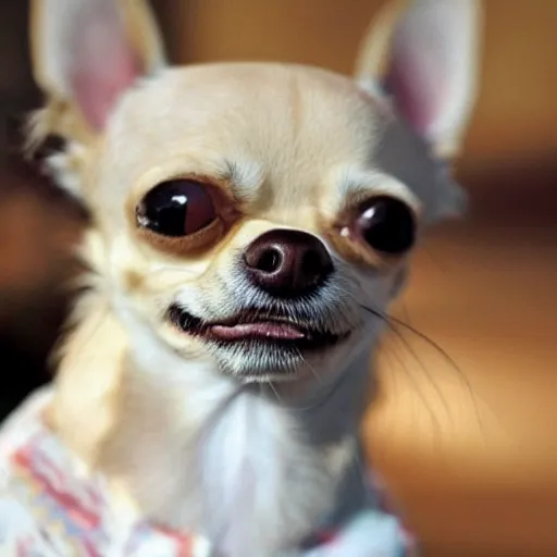 Image similar to creepy chihuahua baring its teeth with soulless evil eyes