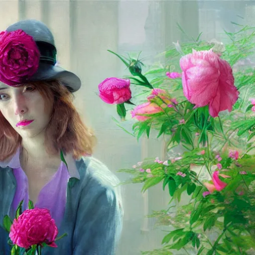Prompt: a girl in a hat with a bouquet of peonies looks out the window at a blooming garden, vivid color, highly detailed, cyberpunk, digital painting, artstation, concept art, matte, sharp focus, art by vrubel
