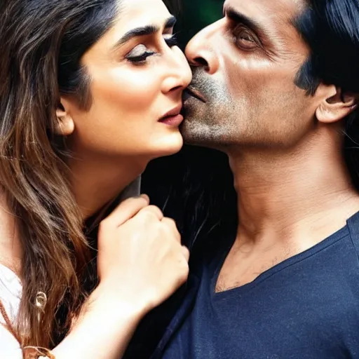 Image similar to closeup of kareena kapoor and arjun rampal kissing, natural lighting, hyper detailed, 1 0 0 mm, photographic, cinematic lighting, studio quality.