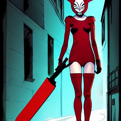 Prompt: style of Jaime McKelvie and Joshua Middleton comic book art, bunny mask female villain The Purge holding a knife red, standing in an alleyway, full body sarcastic pose, knee high socks, symmetrical body, realistic body, night, horror