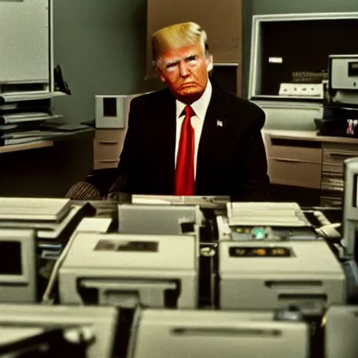 Prompt: candid color photo of Donald Trump sitting at a bank of very complicated, 1970's looking computers (designed by gucci ) working through the night in his theoretical physics lab with his old nemesis george lucas. They are both frustrated at not having cracked the theorem. photo by annie leibowitz