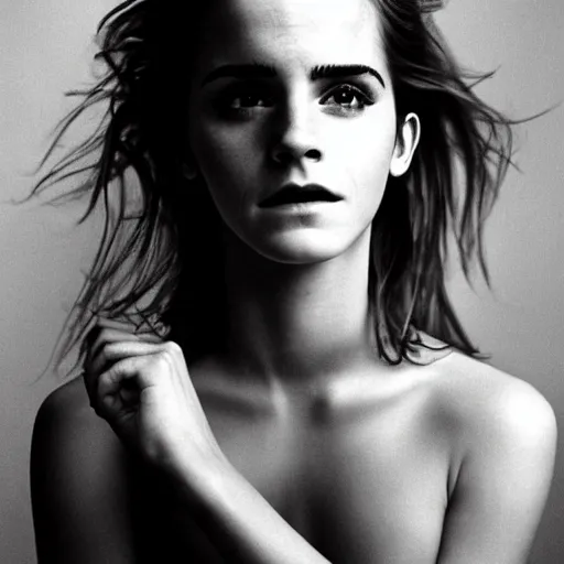 Prompt: Emma Watson closeup face shoulders very long hair Vogue fashion shoot by Peter Lindbergh fashion poses detailed professional studio lighting dramatic shadows professional photograph by Cecil Beaton, Lee Miller, Irving Penn, David Bailey, Corinne Day, Patrick Demarchelier, Nick Knight, Herb Ritts, Mario Testino, Tim Walker, Bruce Weber, Edward Steichen, Albert Watson