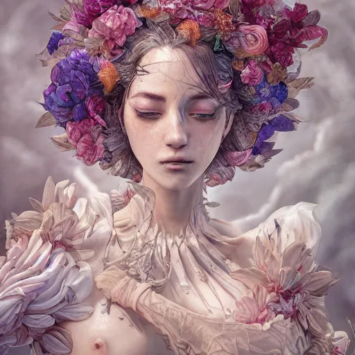 Image similar to the portrait of an absurdly beautiful, graceful, elegant, chaste woman made of petals looking up, an ultrafine detailed illustration by kim jung gi, irakli nadar, intricate linework, bright colors, octopath traveler, final fantasy, angular, unreal engine 5 highly rendered, global illumination, radiant light, detailed and intricate environment