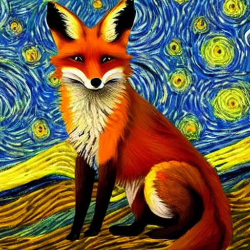 Prompt: a painting of a fox in the style of starry night