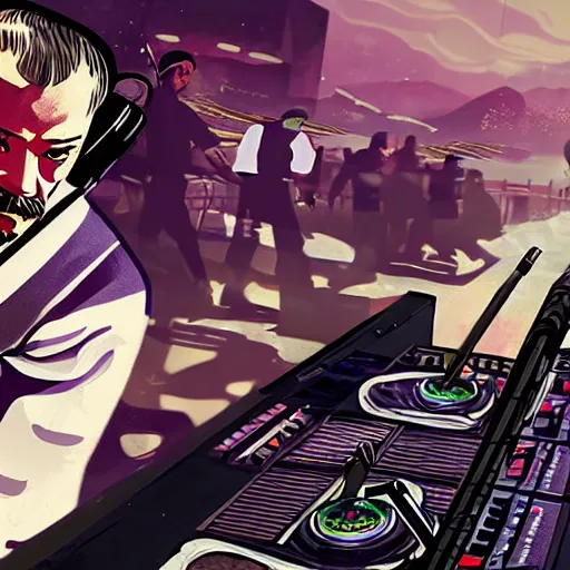 Prompt: a samurai DJing in GTAV, cover art by Stephen Bliss, boxart, loading screen