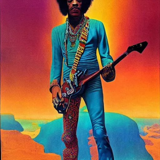 Prompt: colour portrait masterpiece photography of jimi hendrix full body shot by annie leibovitz, moebius, josh kirby, weird epic scifi landscape in background by roger dean and syd mead and killian eng and james jean and giger and beksinski, greg hildebrandt, 8 k