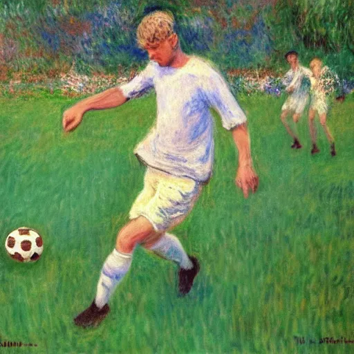 Image similar to monet painting of a skinny blonde man tripping over a soccer ball, highly detailed, realistic,