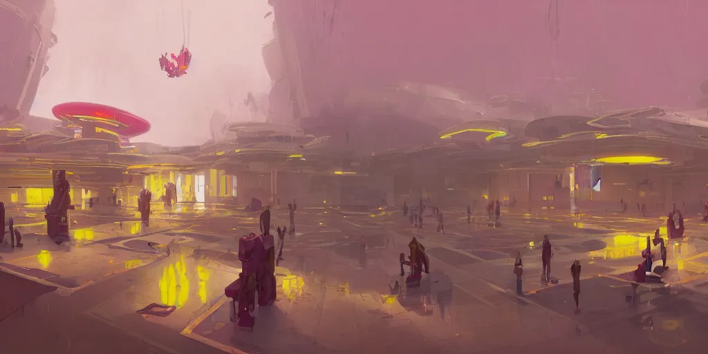 Image similar to a concept game art illustration of an afro futuristic college university high tech campus, pink and gold and varsity yellow and maroon color scheme, by Greg Rutkowski and Mike Mignola