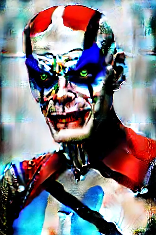 Image similar to portrait of williem dafoe as a harley quinn in suicide squad. intricate abstract. intricate artwork. by tooth wu, wlop, beeple, dan mumford. octane render, trending on artstation, greg rutkowski very coherent symmetrical artwork. cinematic, hyper realism, high detail, octane render, 8 k, iridescent accents