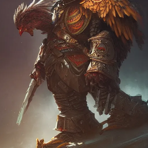 Prompt: chicken with armor, highly detailed, illustration, fantasy art, in the style of greg rutkowski, epic, fantasy, intricate, hyper detailed, artstation, concept art, smooth, sharp focus, ray tracing