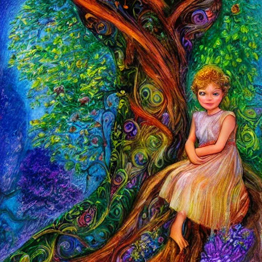 Prompt: a painting of a child and a tree, a storybook illustration by josephine wall, deviantart, metaphysical painting, storybook illustration, detailed painting, whimsical