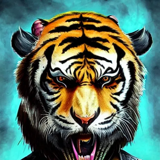 Image similar to A tiger dressed like in Mad Max in the style of a DnD character portrait, concept art