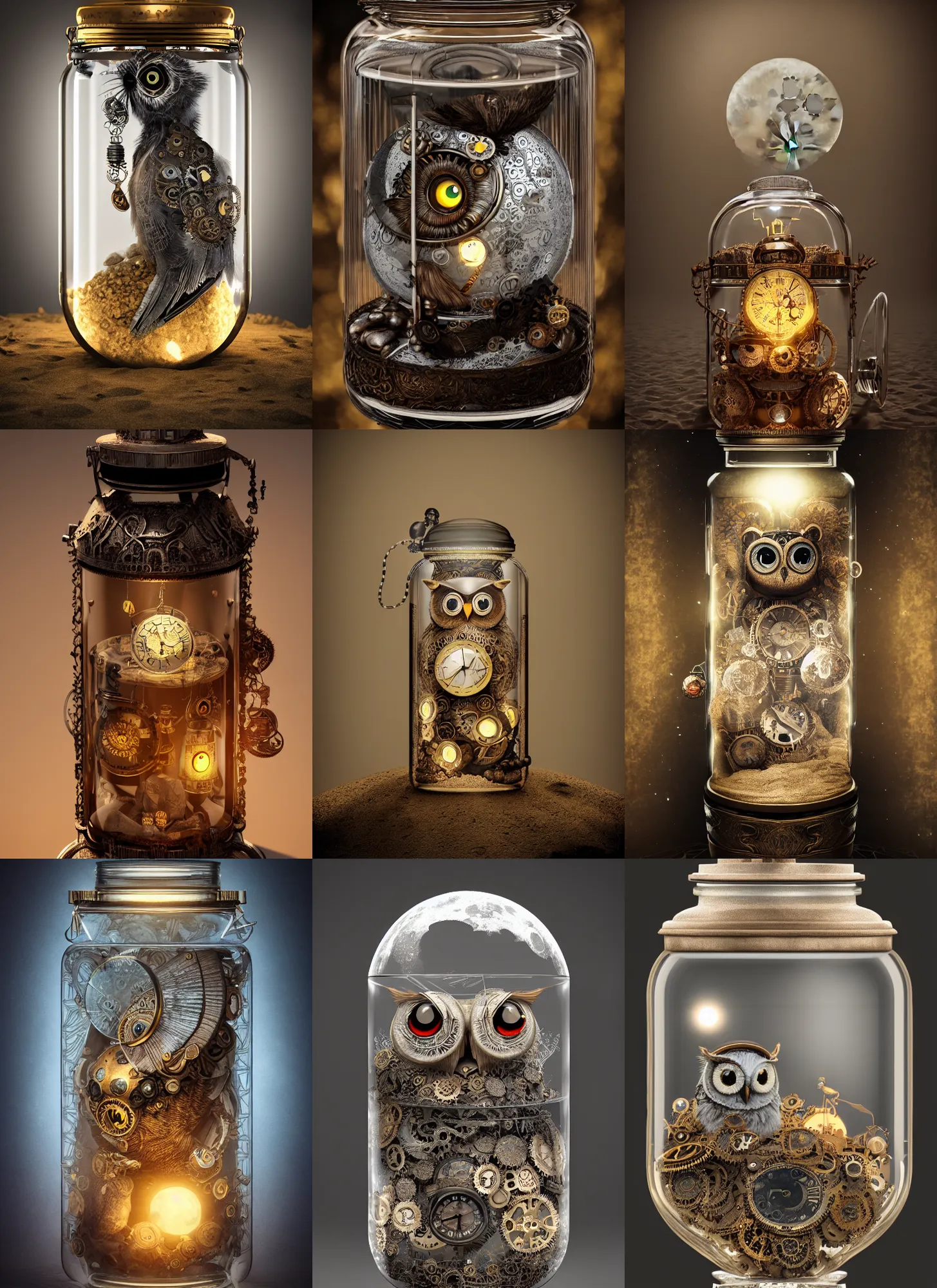 Prompt: fullmoonsteampunk owl inside a glass jar buried in sand, intricate detail, hyper detailed, ultra realistic, sharp focus, octane render, lantern, volumetric, ray tracing, artstation trending, moon, pocketwatch, cgsociety, sense of awe, mystical, moon, 4 k