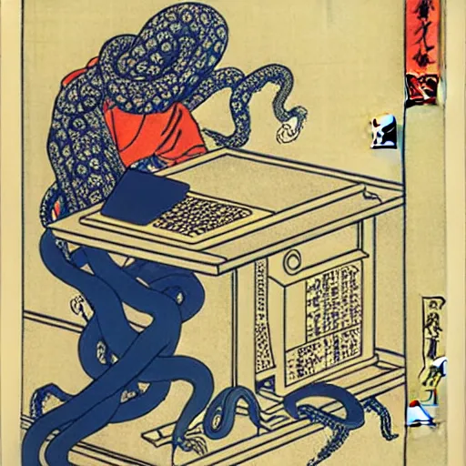 Image similar to an octopus teaching a man to use a computer, ukiyo-e by Utagawa Kuniyoshi