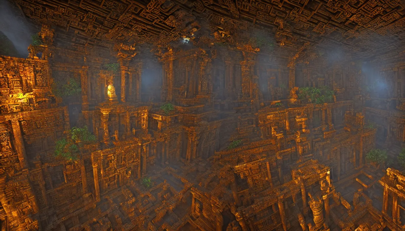 Image similar to ancient mayan temple halls , side-scrolling 2d platformer game level, glittering dust in the air illuminated by the dusk sun through the ceiling cracks, fantasy gigantic religious totem ruins with intricate mayan glyphs, volumetric light , detailed carved ornaments, rich color, upscale , 8k