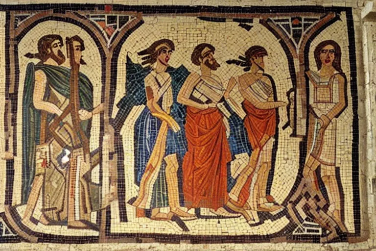 Prompt: an ancient greek floor mosaic of harry potter