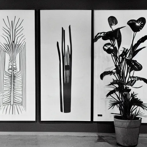 Image similar to A black and white offset lithography of an exhibition space with works of Sun Ra, Marcel Duchamp and tropical plants, 60s, Modern Art