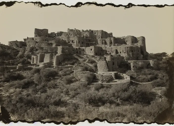 Image similar to Photograph of sprawling cliffside pueblo ruins, showing terraced gardens and narrow stairs in lush desert vegetation in the foreground, albumen silver print, Smithsonian American Art Museum