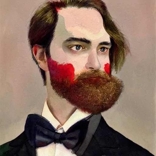 Image similar to Portrait of a handsome man with thick mutton chops. shaved chin, wearing a suit. colorful necktie, pale white face, long messy hair, long hair, ((red)) baggy eyes, tired eyes, tired face, disco smile, watercolor, brushstrokes, high detail, artstation, medium detail, by Ilya Repin and Dave McKean