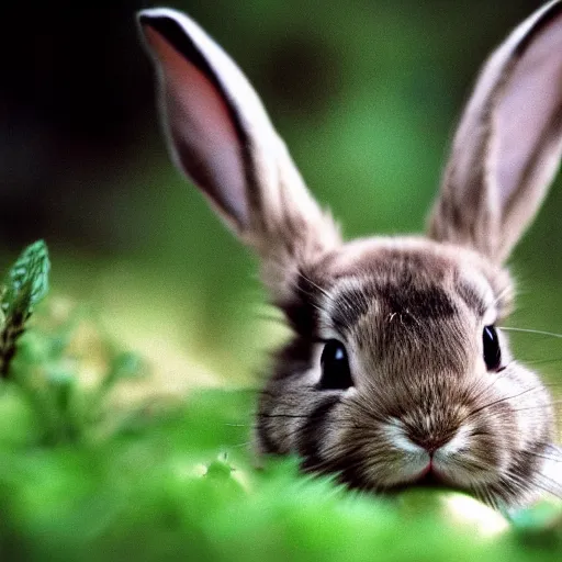 Image similar to little bunny in forest, photograph, 3 5 mm film, realistic, sharp image, depth of field,