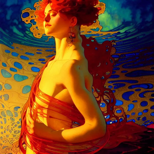 Image similar to mind bending indigo waves of glossy psychedelic liquid honey flowing like kaleidoscopic translucent amber, lsd waves, honey ripples, dramatic professional sunset, refracted lighting, art by collier, albert aublet, krenz cushart, artem demura, alphonse mucha