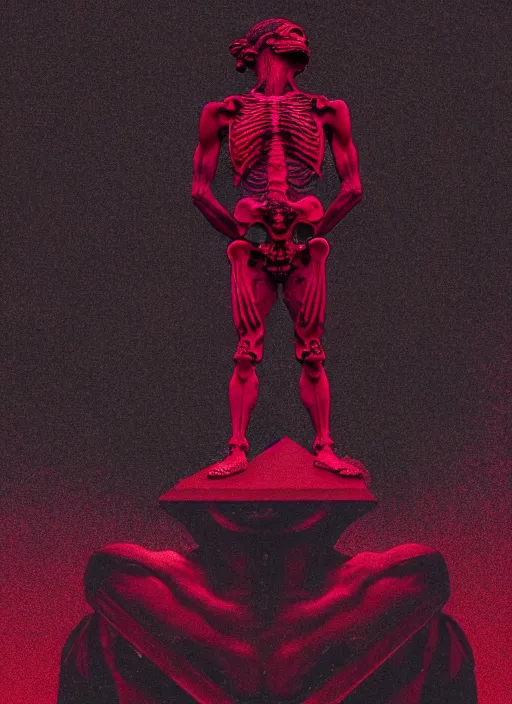 Image similar to black background with subtle red and purple design elements, greco roman statue, ( ( ( ( skeleton ) ) ) ), grey, nekro, thin lines, dark, glitch art, neo vaporwave, gritty, movie poster, layout design, trending on artstation