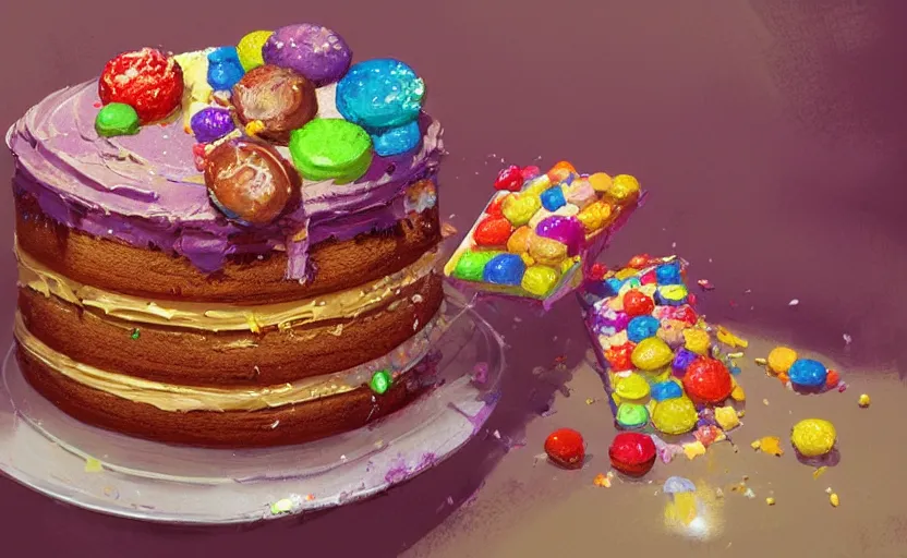 Image similar to a colorful digital painting of a cake with lots of sweets on it, by greg rutkowski and james gurney, trending on artstation