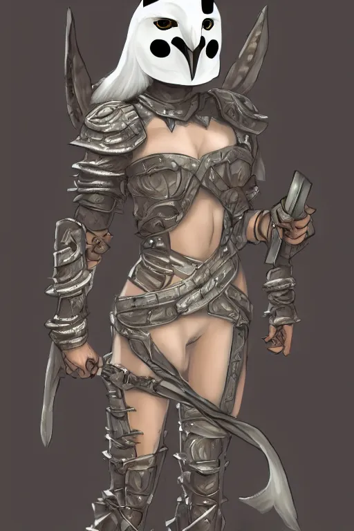 Image similar to female adventurer in tight full - body sticky note stack paper chainmail - style armor and a white porcelain crow mask, trending in artstation, japanese, artstation, establishing shot