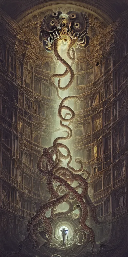 Image similar to group of mankind species mages with big octopus heads and a lot of small translucent jellyfishes floating around inside an ancient mage castle hall colossal scale, gothic and baroque, brutalist architecture, ultradetailed, Intricate by Ellen Jewett and Josan Gonzalez and Giuseppe Arcimboldo